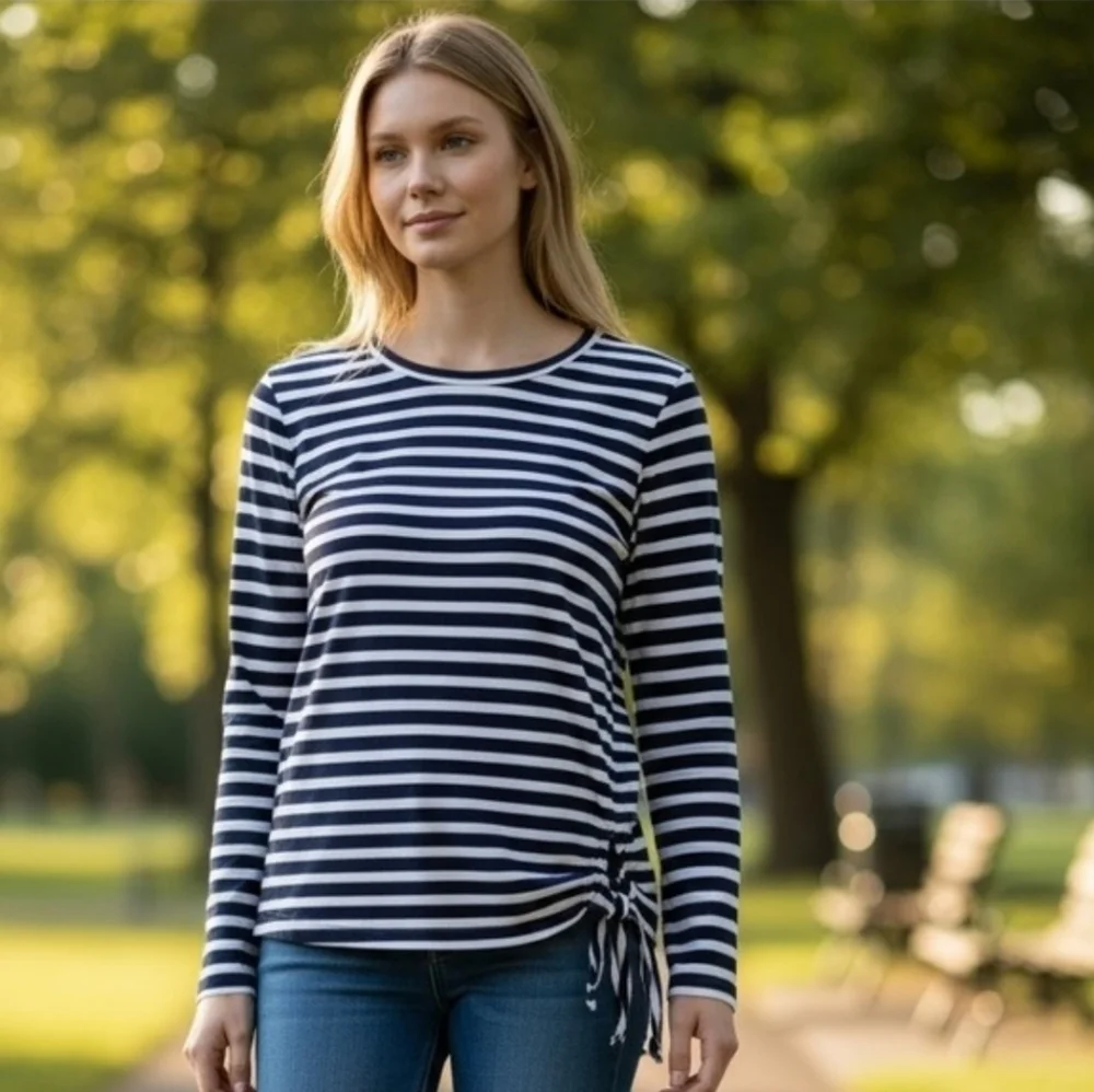 J Crew Mercantile Navy & White Striped Long Sleeve Top Small New casual preppy